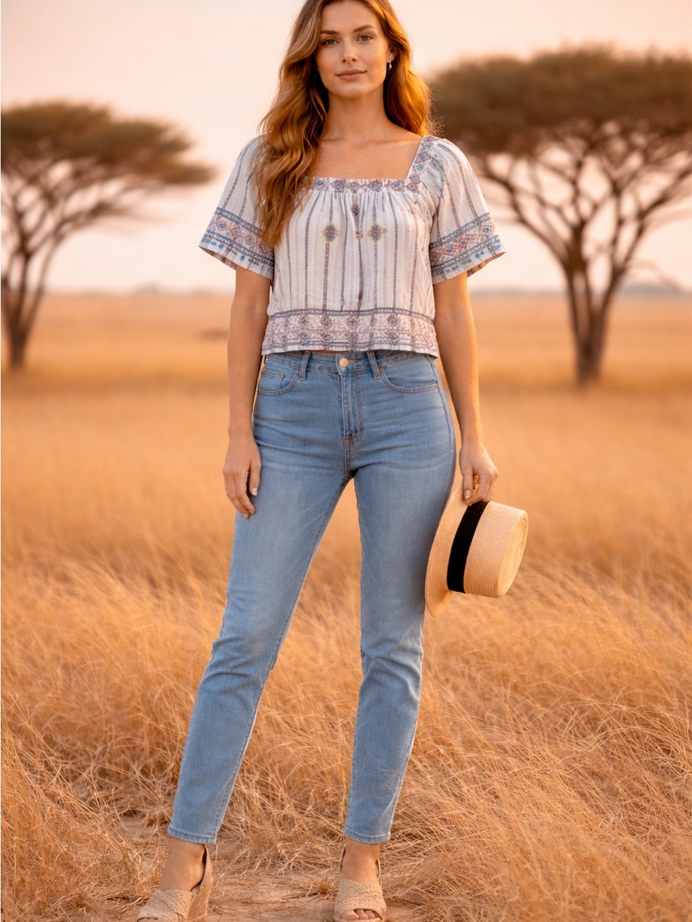 Savanna Jane Womens Embroidered Striped Square Neck Boho Blouse Top Medium